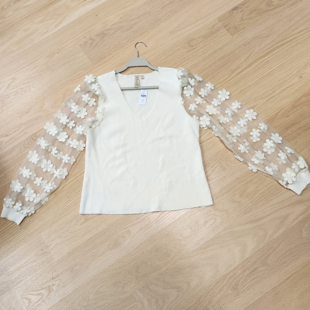 Anthropologie (1X fit) Dolan Ivory Ribbed Sweater Sheer Floral Applique Sleeve
